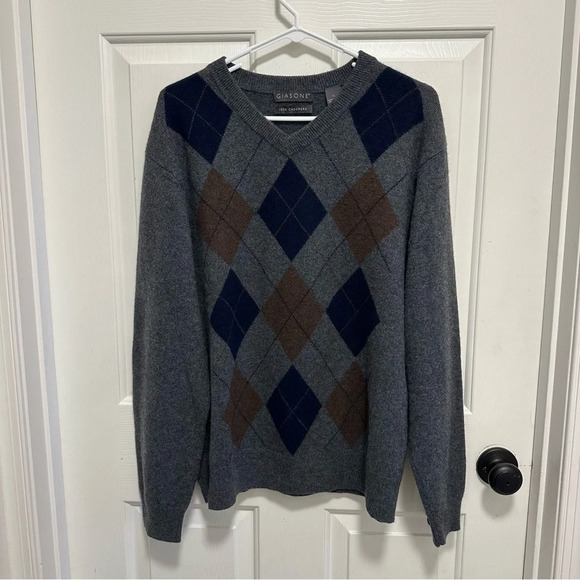 Giasone V-Neck Argyle Sweater Men Gray 100% Cashmere Size Large - Picture 1 of 4